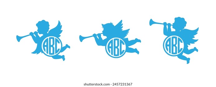 Cherub with monograms. Herald angel name monogram. Angel with a wings. Cherub blowing into a tube. Vector illustration.