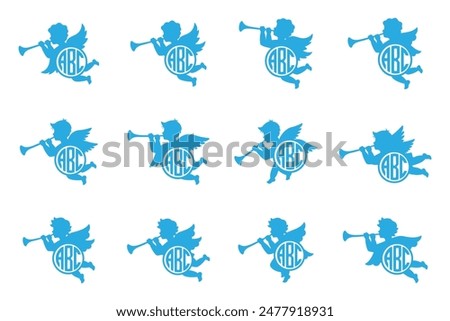 Cherub with monograms. Kids name monogram. Angel with a wings. Herald angel blowing trumpet. Cherub blowing into a tube.