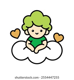 Cherub On Cloud Outline Vector Illustration 