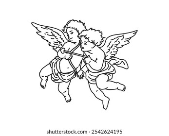 cherub outlines and line art for valentines day with cupid vector. Vector on isolated white background. For printing on cards, invitations, tattoo, clothing design, etc