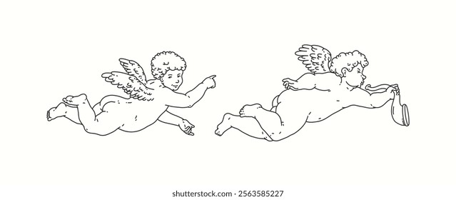 Cherub outlines and line art for Valentine's Day with cupid vector. Vector symbol of love and romantic. Antique Angel Baby Cupid illustration for printing on cards, invitations, tattoo, clothing art