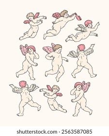 Cherub outlines and line art for Valentine's Day with cupid vector. Vector symbol of love and romantic. Antique Angel Baby Cupid illustration for printing on cards, invitations, tattoo, clothing art