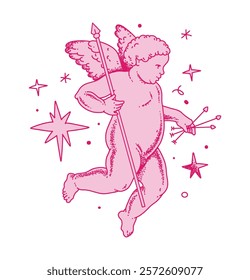 Cherub outlines and line art for Valentine's Day with cupid vector. Vector symbol of love and romantic. Antique Angel Baby Cupid illustration for printing on cards, invitations, tattoo, clothing art