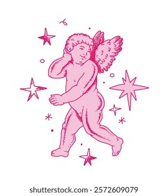 Cherub outlines and line art for Valentine's Day with cupid vector. Vector symbol of love and romantic. Antique Angel Baby Cupid illustration for printing on cards, invitations, tattoo, clothing art