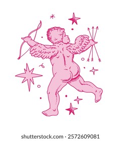 Cherub outlines and line art for Valentine's Day with cupid vector. Vector symbol of love and romantic. Antique Angel Baby Cupid illustration for printing on cards, invitations, tattoo, clothing art