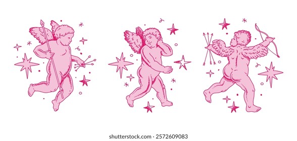 Cherub outlines and line art for Valentine's Day with cupid vector. Vector symbol of love and romantic. Antique Angel Baby Cupid illustration for printing on cards, invitations, tattoo, clothing art