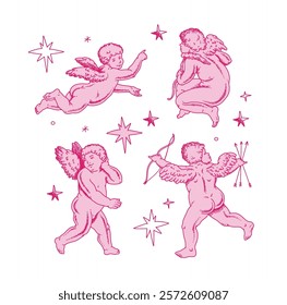 Cherub outlines and line art for Valentine's Day with cupid vector. Vector symbol of love and romantic. Antique Angel Baby Cupid illustration for printing on cards, invitations, tattoo, clothing art