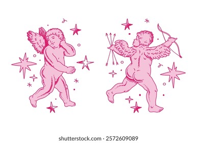 Cherub outlines and line art for Valentine's Day with cupid vector. Vector symbol of love and romantic. Antique Angel Baby Cupid illustration for printing on cards, invitations, tattoo, clothing art