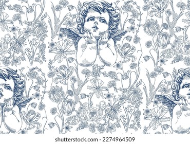 Cherub pattern and flowers in vintage style