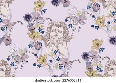 Cherub pattern and flowers in vintage style