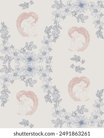 Cherub seamless pattern and flowers in vintage style