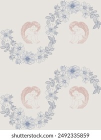 Cherub seamless pattern and flowers in vintage style