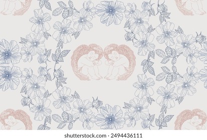 Cherub seamless pattern and flowers in vintage style