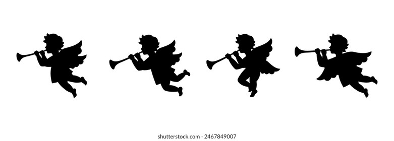 Cherub set. Herald angel blowing trumpet. Angel with a wings. Vector illustration.