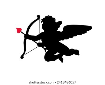 Cherub silhouette Valentines day. Cute cupid angel with wings, arrow and bow isolated on white background. Vector illustration
