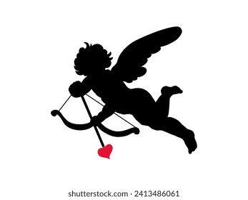 Cherub silhouette Valentines day. Cute cupid angel with wings, arrow and bow isolated on white background. Vector illustration