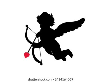 Cherub silhouette Valentines day. Cute cupid angel with wings, arrow and bow isolated on white background. Vector illustration