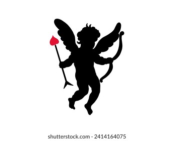 Cherub silhouette Valentines day. Cute cupid angel with wings, arrow and bow isolated on white background. Vector illustration