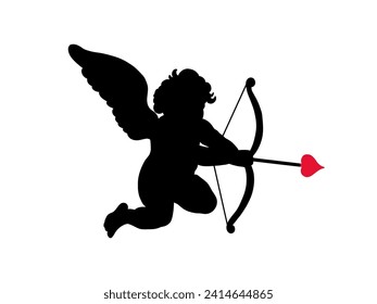 Cherub silhouette Valentines day. Cute cupid angel with wings, arrow and bow isolated on white background. Vector illustration