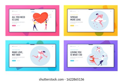 Cherub Spread Love and Romantic among People Website Landing Page Set. Love and Romance. Cheerful Man and Woman in Loving or Friendly Relations, Dance Web Page Banner. Cartoon Flat Vector Illustration