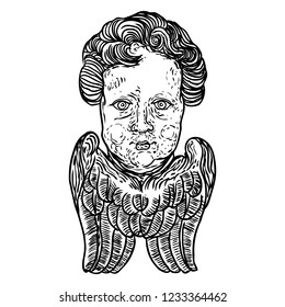 Cherub with wings. Winged baby angel isolated on white background. Hand drawn. Religious symbol of Christianity. Vector.