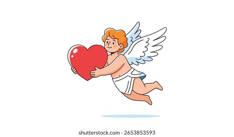 A cherubic angel with wings carrying a big red heart symbolizing love and affection on a white background