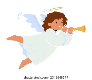 Carácter Cúbico Del Bebé Ángel Con Alas Adorables Y Una Dulce Sonrisa, Tambor De Trucha, Trayendo Amor Y Alegría A Todos. Un Símbolo De Inocencia Y Protección Divina. Ilustración de vectores de personas de caricatura