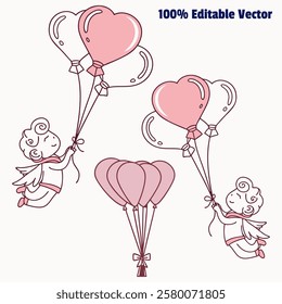 cherubic figures holding heart-shaped balloons. playful cartoon-style cherubs with balloons. cute vector illustration of cherubs and heart balloons.
