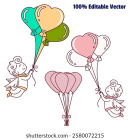 cherubic figures holding heart-shaped balloons. playful vector illustration of floating cherubs with colorful balloons. heart-shaped balloon design with cartoon cherubs and wings.
