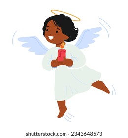 Cherubic Little Angel Character With Innocent Eyes, And A Captivating Smile Hover in the Air with Burning Candle in Hands, Overflowing With Pure Charm And Sweetness. Cartoon People Vector Illustration