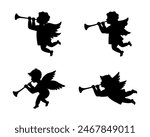 Cherubs blowing into a tubes. Herald angels blowing trumpets. Angel with a wings. Vector illustration.