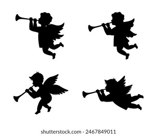 Cherubs blowing into a tubes. Herald angels blowing trumpets. Angel with a wings. Vector illustration.