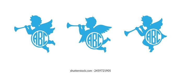 Cherubs name monograms. Angel with monograms. Herald angel blowing trumpet. Cherub blowing into a tube. Vector illustration.