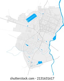 Chervonohrad, Lviv Oblast, Ukraine high resolution vector map with city boundaries and outlined paths. White additional outlines for main roads. Many detailes. Blue shapes and lines for water.