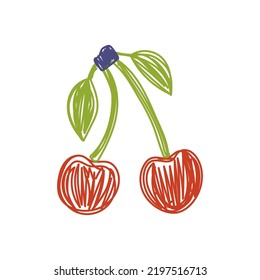 Chery fruit sketch. Color vector illustration. Pen or marker doodle drawing