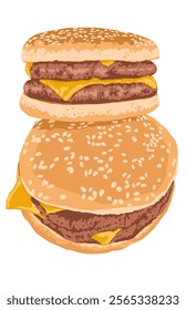 Chesee burger double patty with sesame seed Bun on white background 