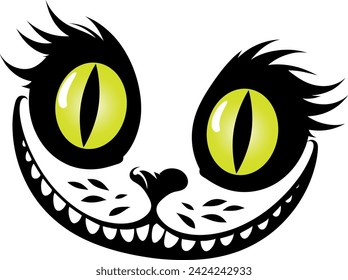 Cheshire cat with big eyes and a wide smile, cartoon print vector drawing