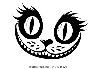 Gato de Cheshire con ojos grandes y una amplia sonrisa, dibujo vectorial de dibujos animados