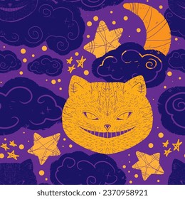 Cheshire cat, clouds, stars, moon, Halloween motif. Vector seamless pattern