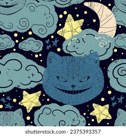 Cheshire cat, clouds, stars, moon, Halloween motif. Vector seamless pattern	
