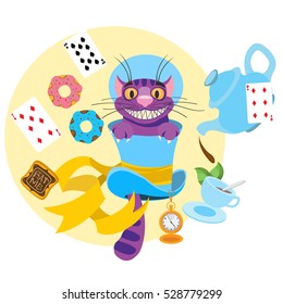 Cheshire cat in a hat and a variety of treats for tea. Illustration to the fairy tale Alice's Adventures in Wonderland.