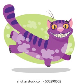 Cheshire Cat. Illustration to the fairy tale Alice's Adventures in Wonderland. Purple cat with a big smile runs.
