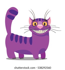 Cheshire Cat. Illustration to the fairy tale Alice's Adventures in Wonderland. Purple cat with a big smile standing.