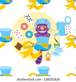 Cheshire Cat looks out of the blue hat seamless pattern. Hat shop. Cylinder Hatter from a fairy tale Alice's Adventures in Wonderland.