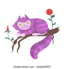 Cheshire cat on a branch Isolated on a white background. Vector graphics.
