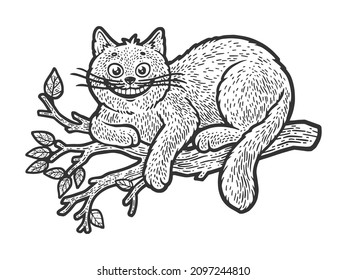 Cheshire Cat on tree fairy tale sketch engraving vector illustration. T-shirt apparel print design. Scratch board imitation. Black and white hand drawn image.