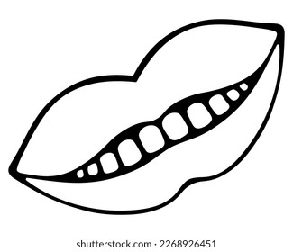 Cheshire cat smile. Sketch. Lips in doodle style. Vector illustration. Outline on isolated background.