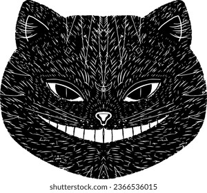 Cheshire cat, smiling cat face. Graphics, linocut. Vector texture black element. svg