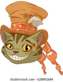 Cheshire cat in Top Hat and monocle in steampunk stile