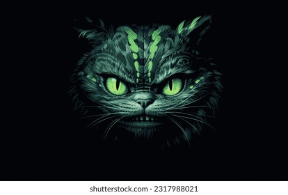 Cheshire cat wallpaper with green eyes and shadow, dark humor graphic print